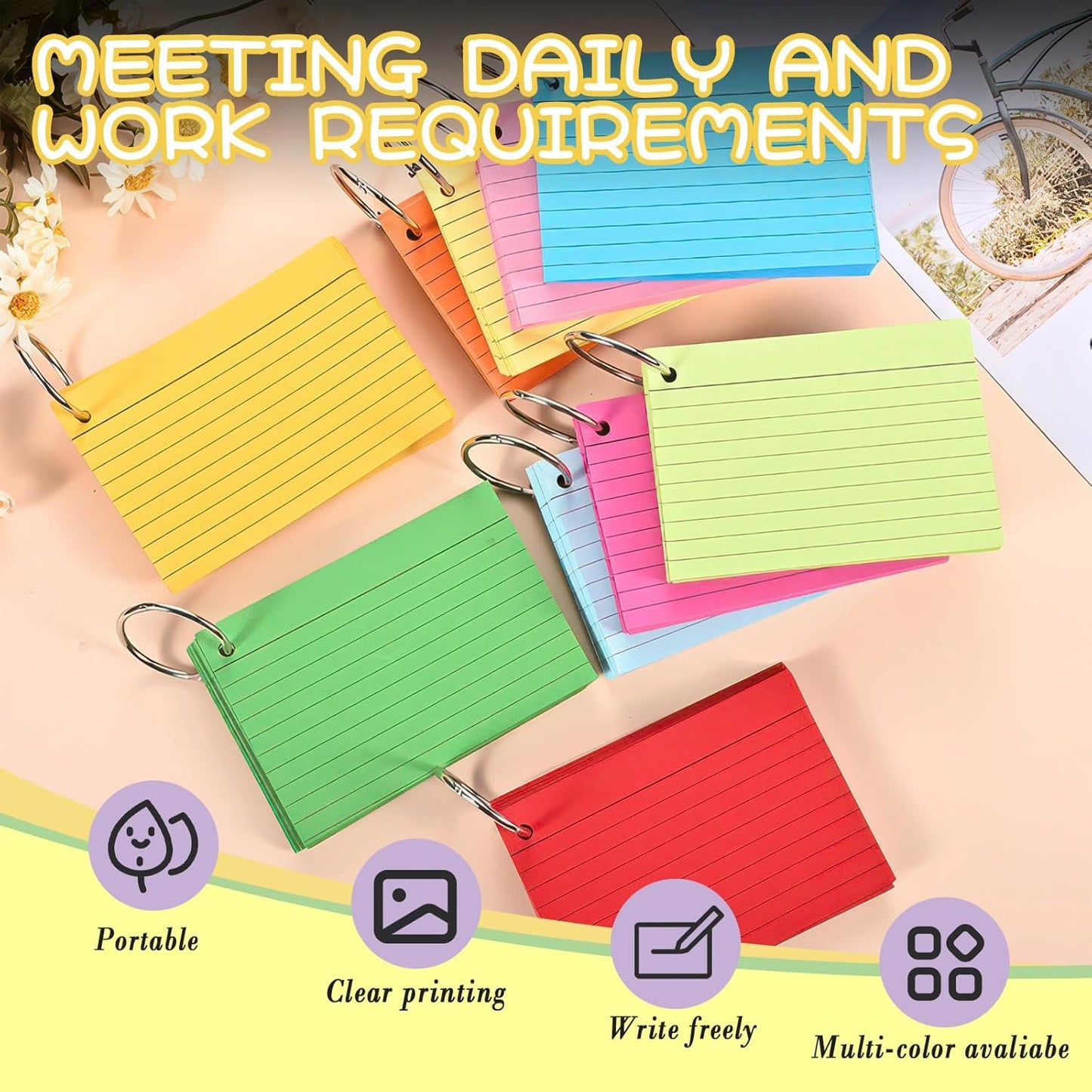 Huakaile 1000 Pieces Colored Index Cards, 3" x 5" Ruled Flash Cards with Ring, Double-Sided Lined Note Cards for School Study College to Do List Office (10 Colors)