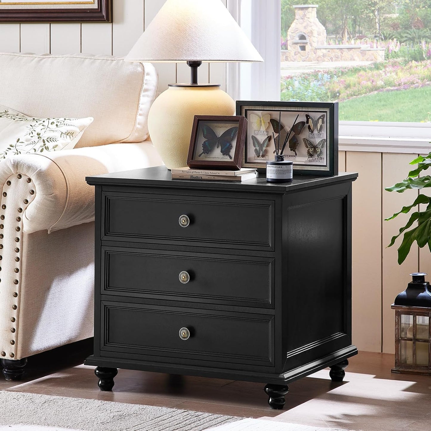 24" Wide Farmhouse Night Stand Set of 2,Large End Table with 3 Drawers & Metal Handle,Wood Dresser for Bedroom Cabinet, Bed Side Table Chest of Drawers,Nightstand for Living Room,Closet,Black