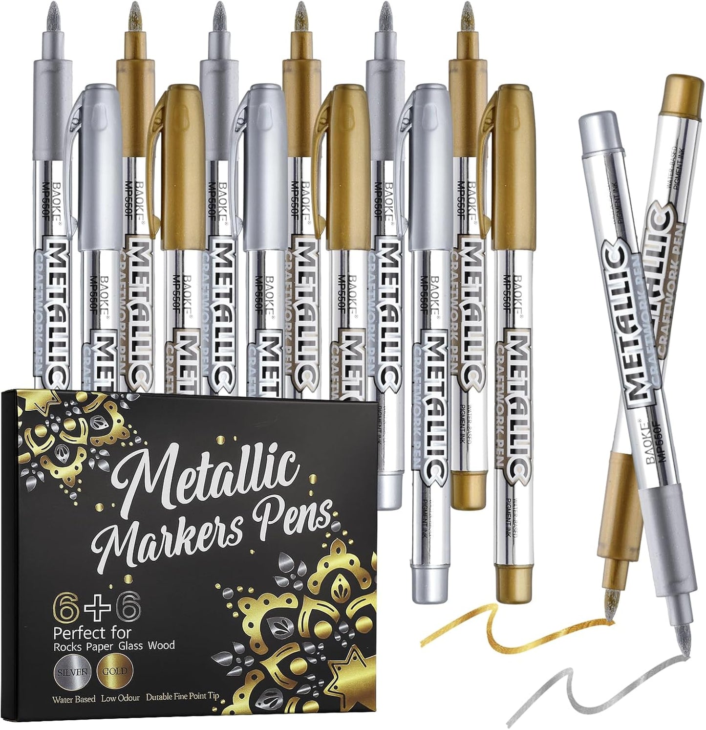 12 Pack Metallic Markers Pens, Water Based Silver & Gold Paint Pens, Gold & Silver Ink Pen with Durable Fine Point Tip for Black Paper, Rock Painting, Halloween Card Making, Multi Surface Art Crafts