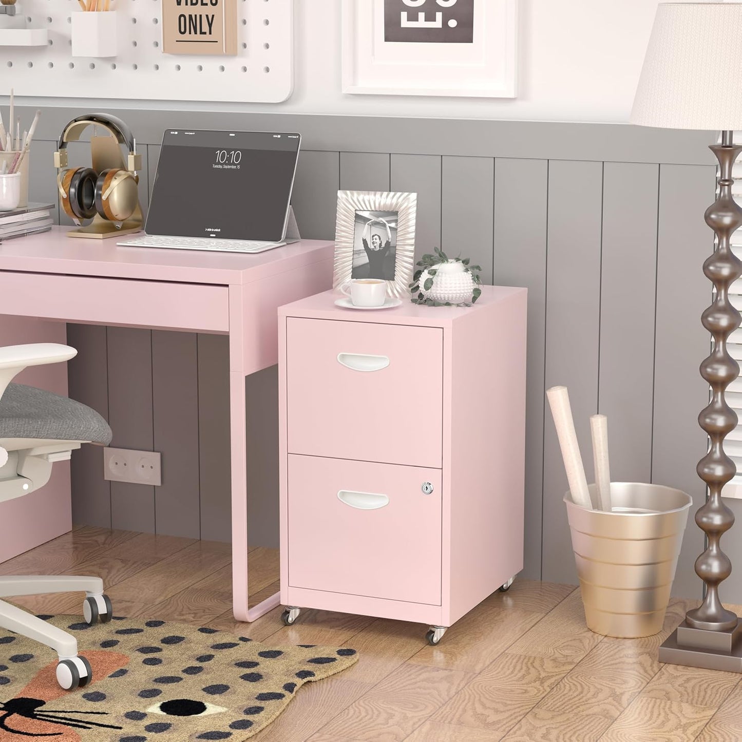 2 Drawer File Cabinet with Lock，Pink Rolling File Cabinet for Home Office, Metal Small Mobile Filing Cabinets on Wheels for Hanging Letter