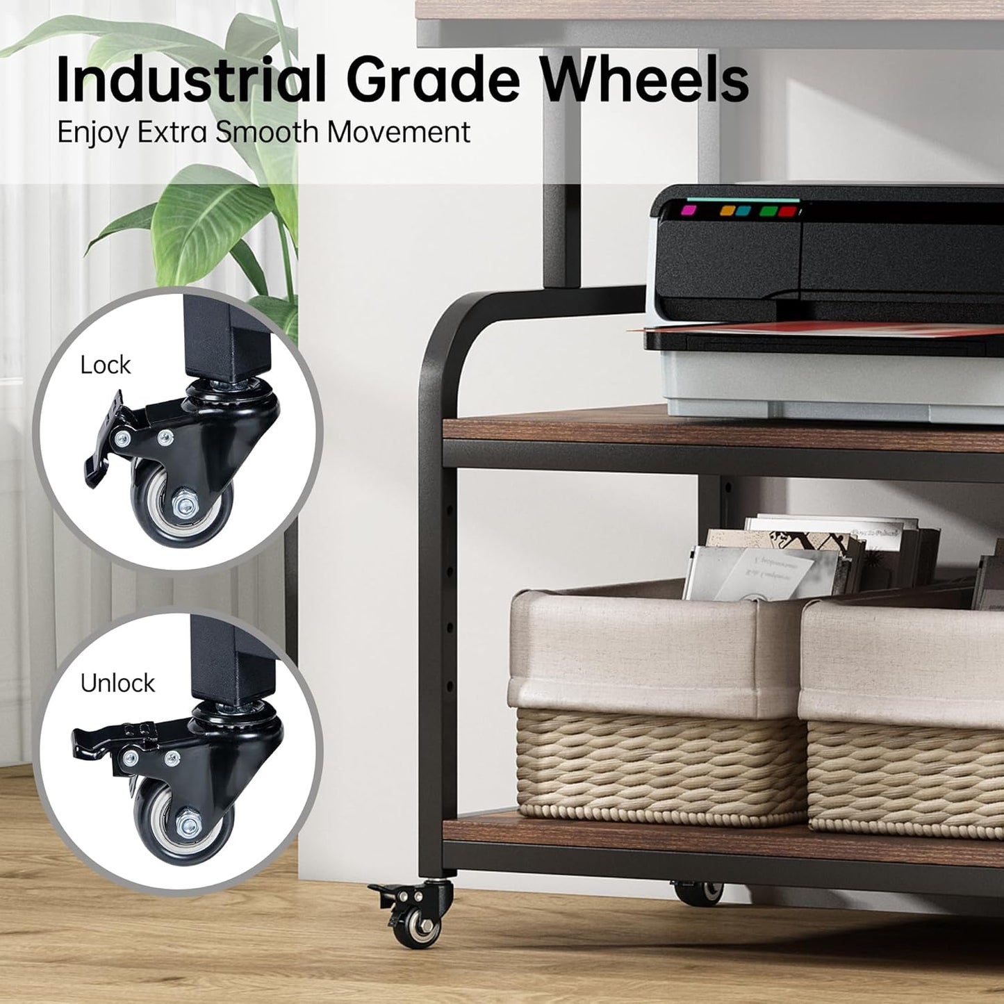 32.3" Wide Extra Large Printer Stand, 3 Tier Printer Table with Adjustable Storage Shelf, Rolling Printer Cart with Industrial Wheels for Home Office, Rustic Brown