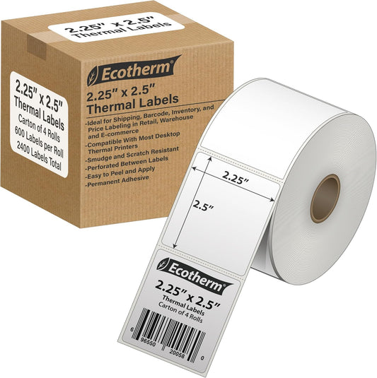 2.25" x 2.5" Thermal Labels | 4 Rolls | 2400 Labels | fits Zebra, Munbyn, Rollo, Godex, Arkscan, iDPRT, Offnova Thermal Label Printers and More | Blank White Adhesive Stickers by Ecotherm