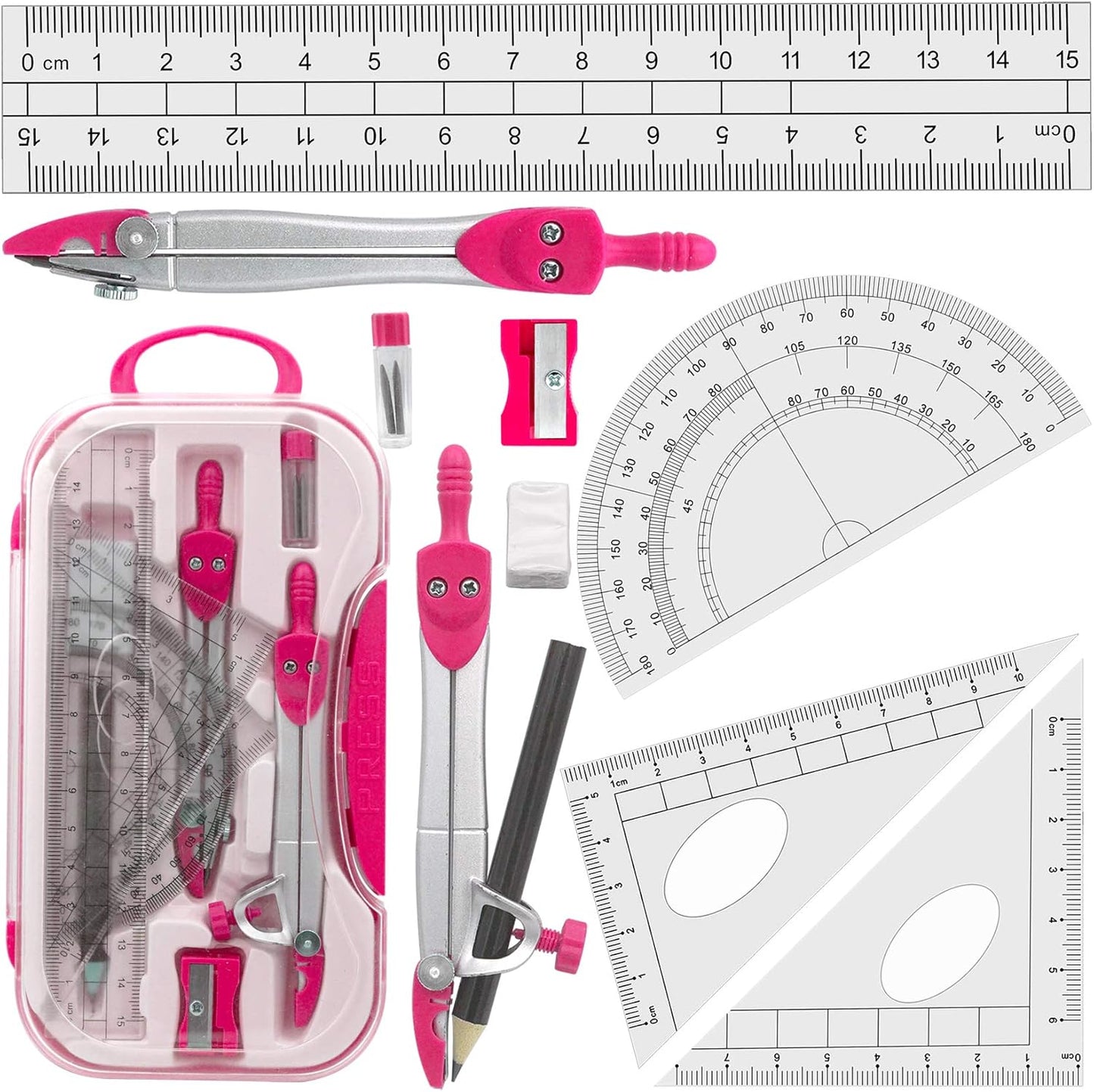Geometry Set Maths Compasses for Grade Students Back to School Supplies with Compasses Protractor in Carry Case, Pink