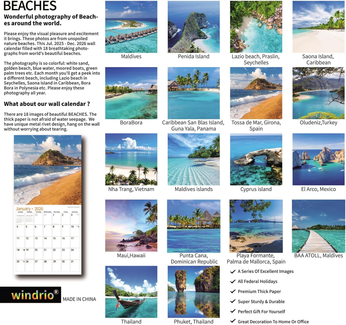 2025 Wall Calendar,Calendar 2026, July 2025 - December 2026, Wall Calendar Beaches, 12" x 24" Opened,Full Page Months Thick & Sturdy Paper for Calendar Organizing & Planning