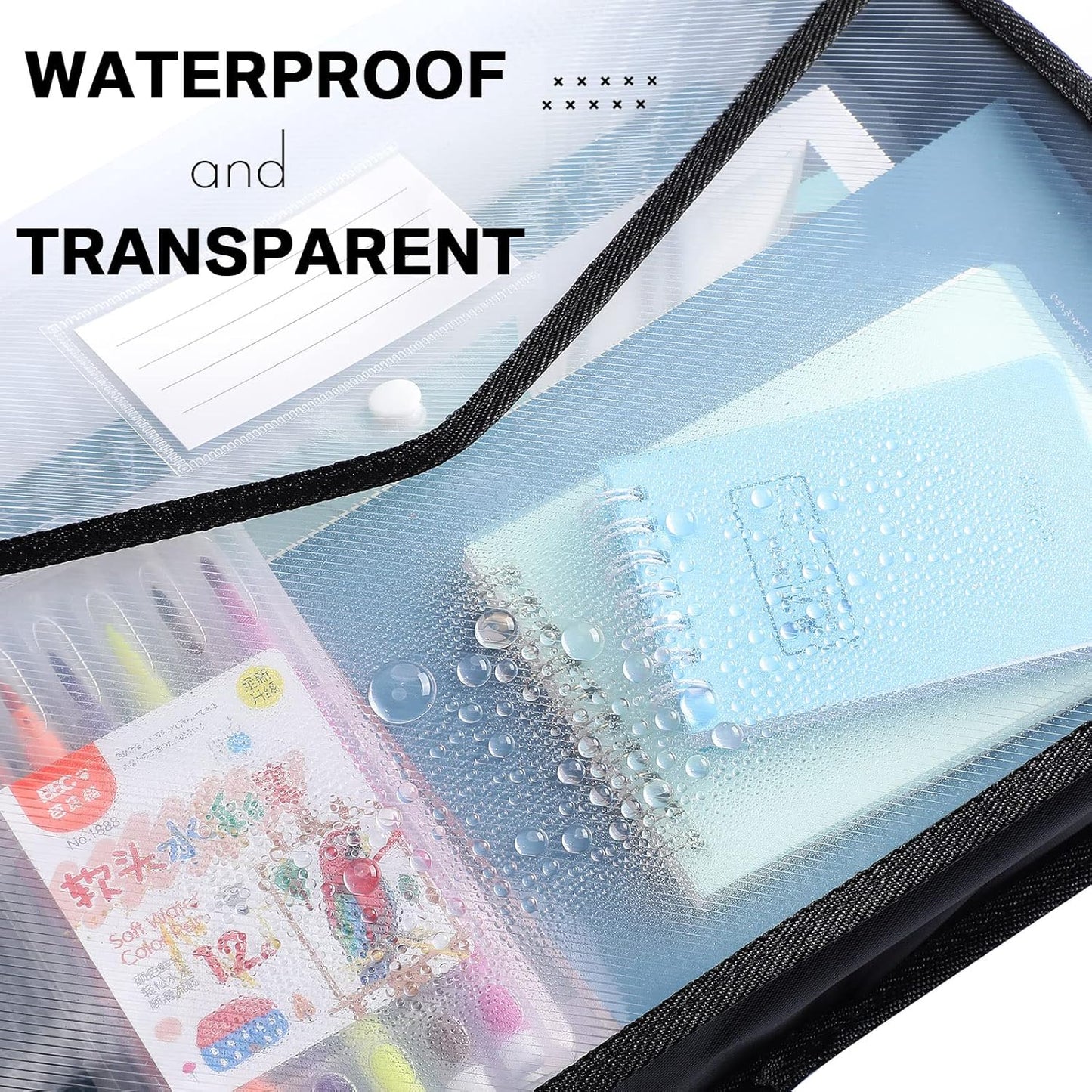 10 Pieces Plastic File Folders Envelope Expanding File Wallet Organizer Documents Folder with Snap Closure and Pocket B4 Waterproof Transparent Pouch for School Office(Black,Horizontal)