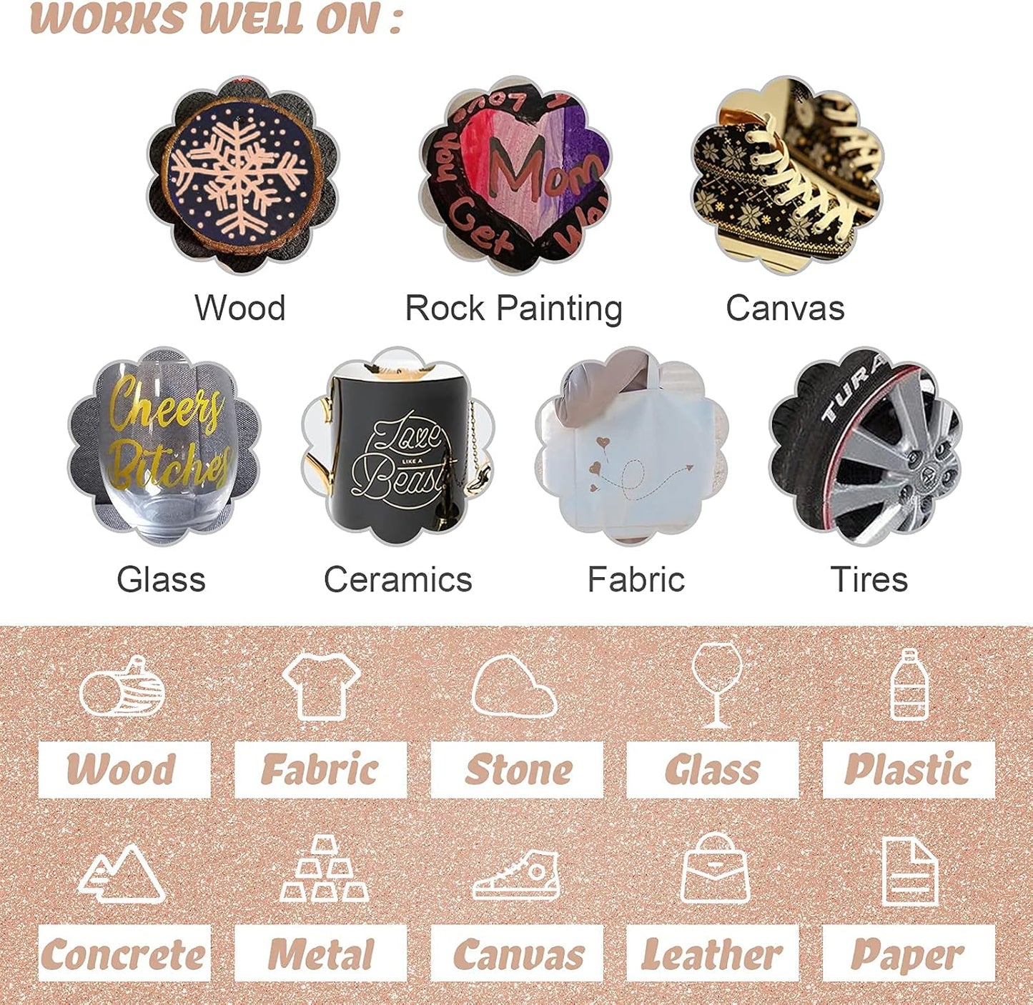 Gold Paint Pens with Silver,Rose Gold, Acrylic paint Pens for Rock Painting, Wood, Fabric, Glass, Canvas, Scrapbooking, Card DIY Metallic Acrylic Marker (2mm)