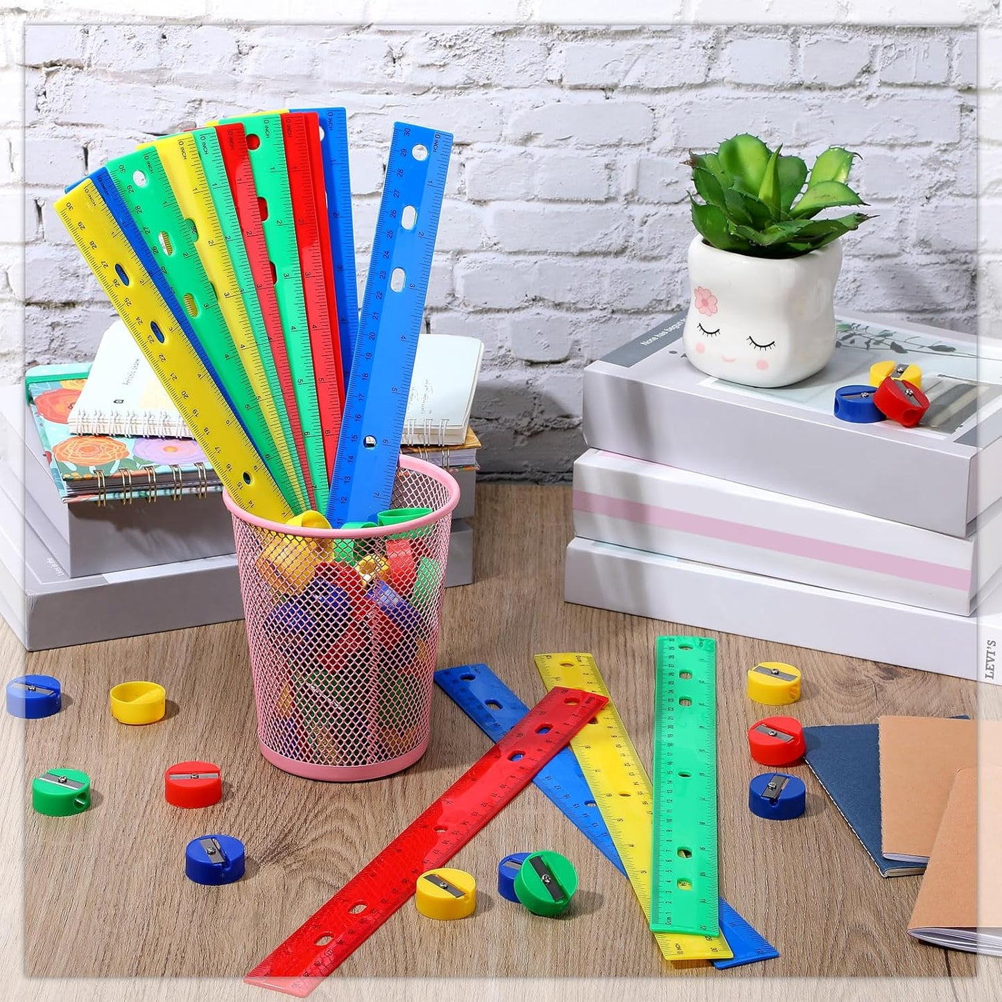 100 Pcs Plastic Rulers and 100 Pcs Mini Round Manual Pencil Sharpener Bulk, 4 Assorted Colors Pocket Sized Pencil Sharpeners Colorful Straight Ruler Back to School Supplies for Kids (Fresh,12 Inch)