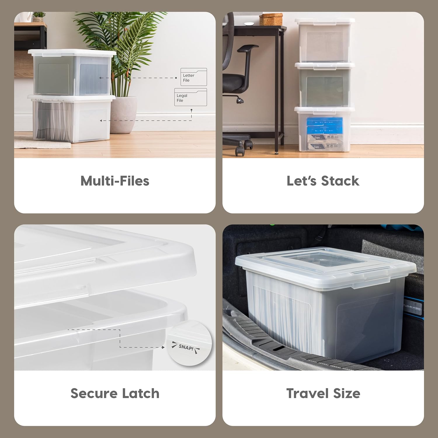 IRIS USA File Box, Plastic File Boxes With Lids, Document Organizer for Letter/Legal File, Document Box, Storage Bin For Hanging Files, Secure Latching Lid Stackable BPA-Free, Clear 35 Qt. 1 Pack