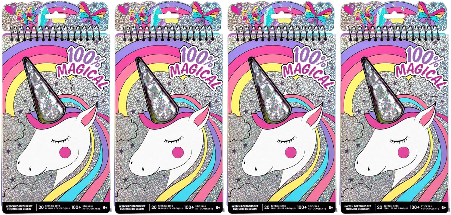 Fashion Angels Unicorn Sketch Portfolio Set Bundle, Bulk Pack of 4 Unicorn Design Sketch Books, Ideal Gift & Party Favor for Girls, Kids, Tweens