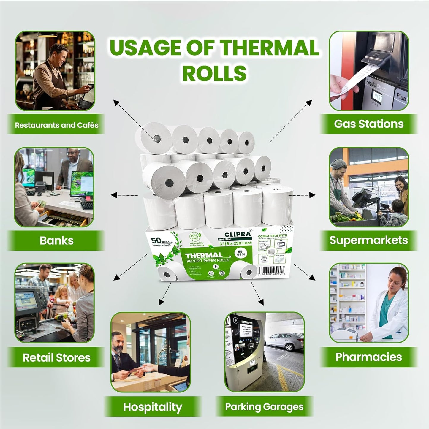 3 1/8 x 230ft Thermal Paper Receipt Rolls (50 PACK) 55 GSM - Compatible with ALL POS Systems, Cash Registers - BPA Free, Premium Quality Receipt Paper Rolls