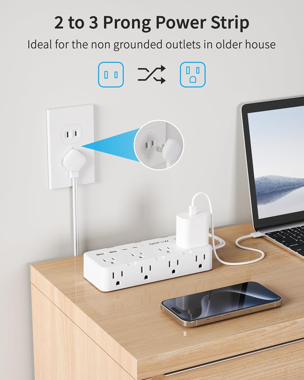 2 Prong Power Strip, 2 to 3 Prong Outlet Adapter with 8 AC & 4 USB Ports (2 USB C), 5FT Extension Cord, 1700J Two Prong Surge Protector, Wall Mountable, Ideal for Old House Non-Grounded Outlets