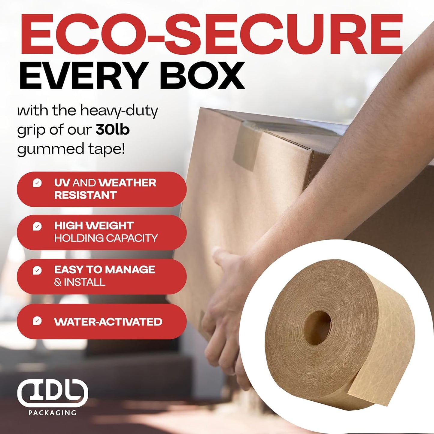 IDL Packaging 2.83" x 450 feet Reinforced Water-Activated Kraft Gummed Tape 30lb Thickness (Pack of 4) - Secure Paper Packing Tape for Secure Carton Sealing - Heavy-Duty for All Conditions, Brown