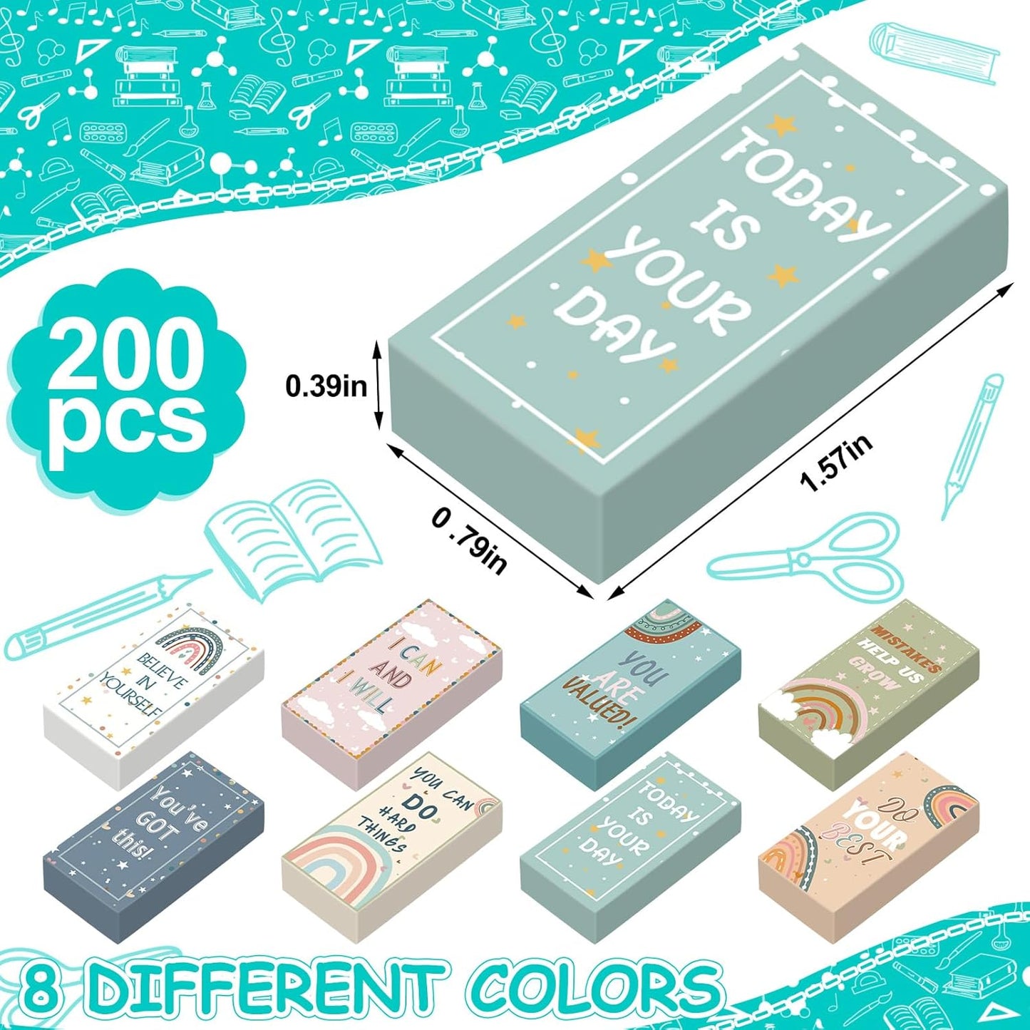 200 Pcs Back to School Inspirational Erasers Bulk Gifts Boho Everyone is Welcome Classroom Decor Fun Rainbow Motivational Pencil Erasers for Classroom Office Teacher Artists Prize Reward