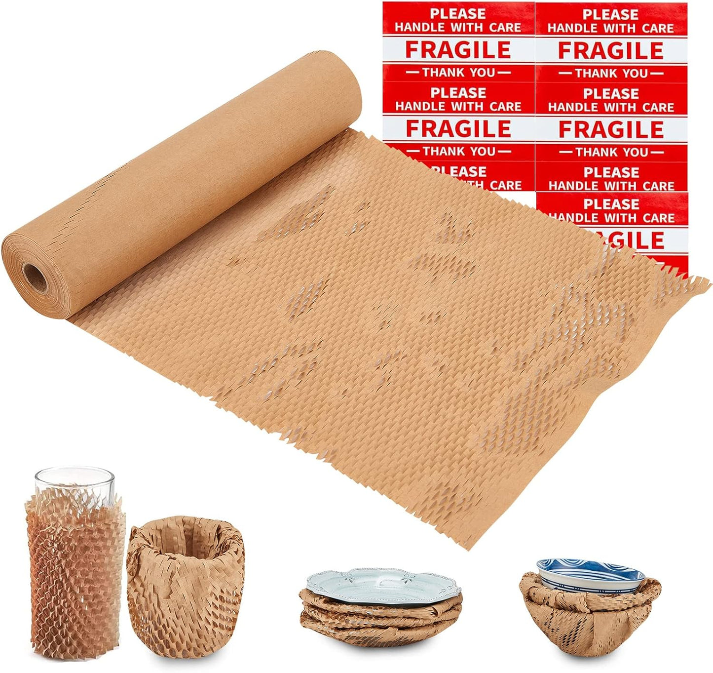 Honeycomb Packing Paper, 15"x230' Honeycomb Cushioning Bubble Wrap Paper Roll for Moving Shipping Breakables Packaging Gifts with 20 Fragile Sticker Biodegradable & Fully Recyclable Brown Kraft