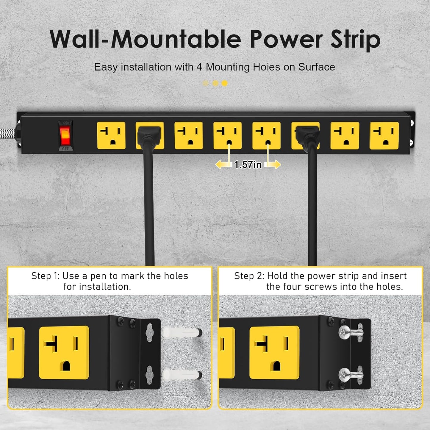 20Amp Power Strip Surge Protector, Durable Metal 8-Outlets with Heavy Duty 20 amp 15Ft 12 Gauge Extension Cord for Garage Workshop & Industrial Use, 1200J