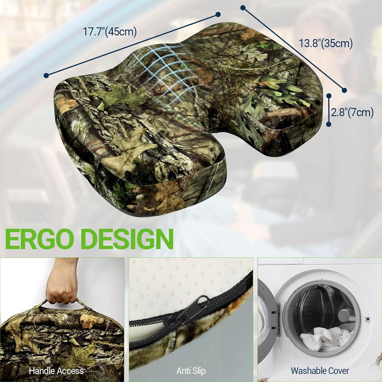 Gel Seat Cushion for Car Office - Memory Foam Pain Relief Chair Pillow Cushions - Tailbone Sciatica Coccyx Butt Lumbar Support Pad for Sitting Driving Traveling, Velvet, Mossy Oak