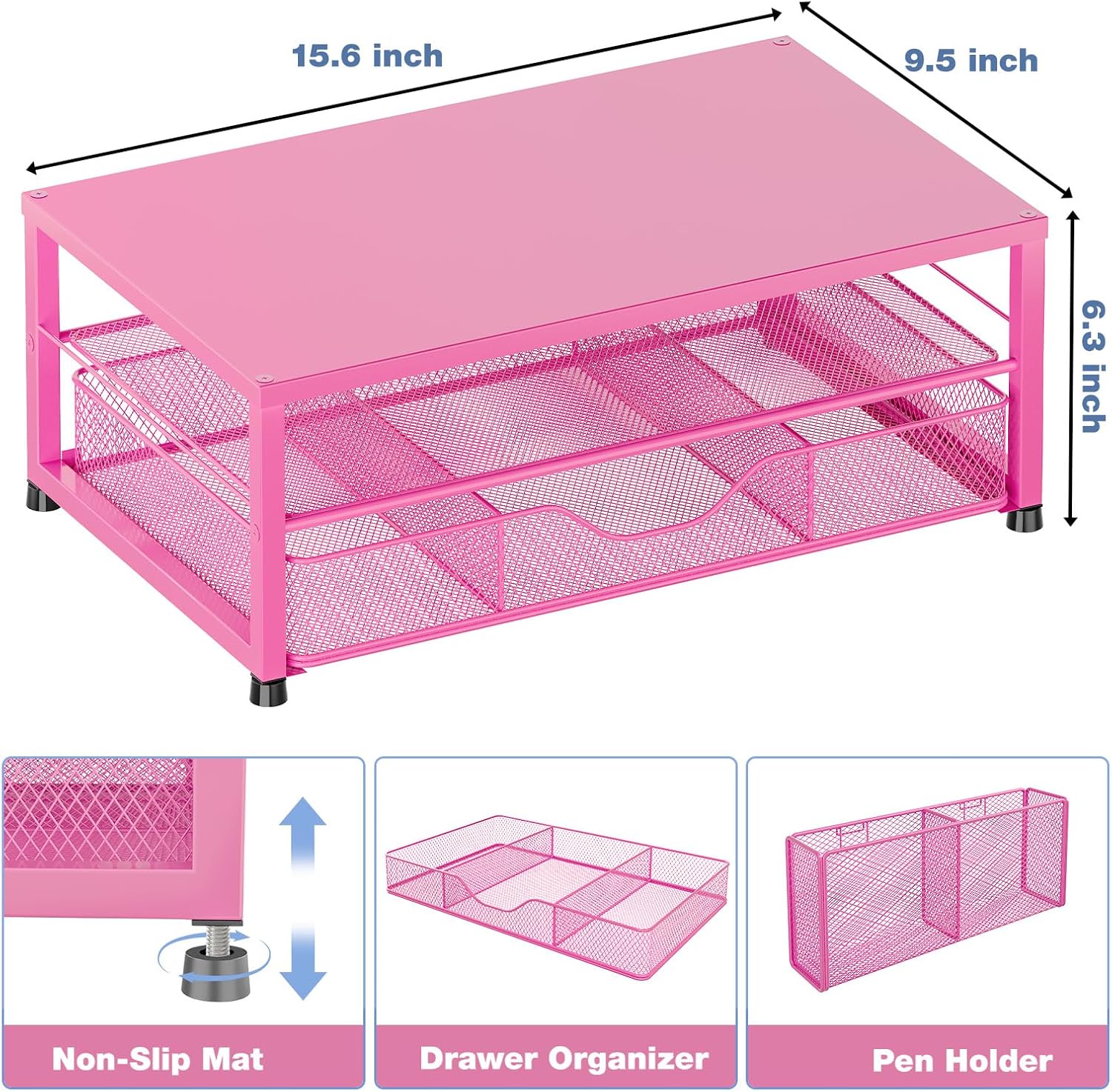 Desk Organizer and Accessories, 2-Tier Computer Monitor Stand with Drawer and 2 Pen Holders, Laptop Stand, Office Desk Accessories for Office Supplies, Carmine Rose