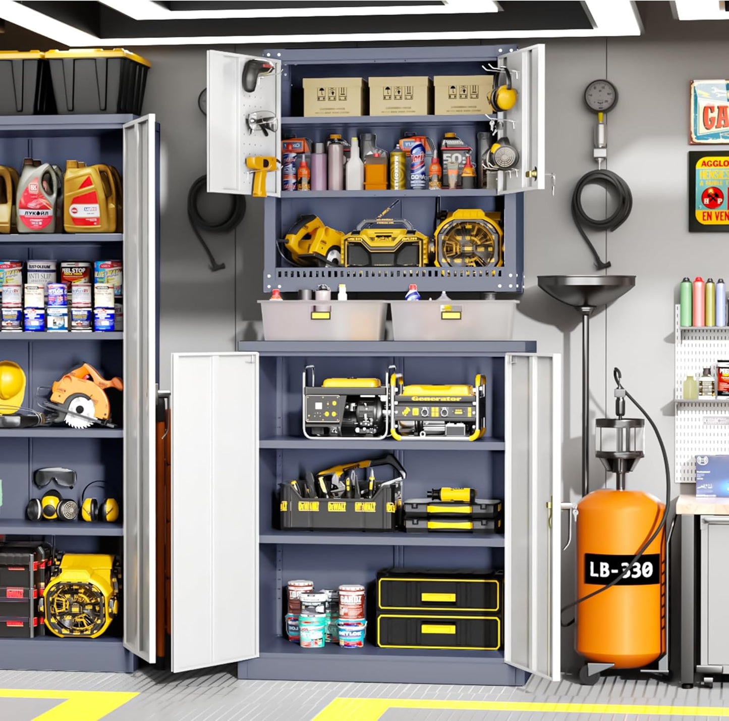 Greenvelly Metal Garage Storage Cabinet, Lockable Metal Cabinets with 2 Doors and Shelves,36”Steel Storage Locking Counter Cabinet for Office,Garage,Kitchen,Home,School(Grey White)