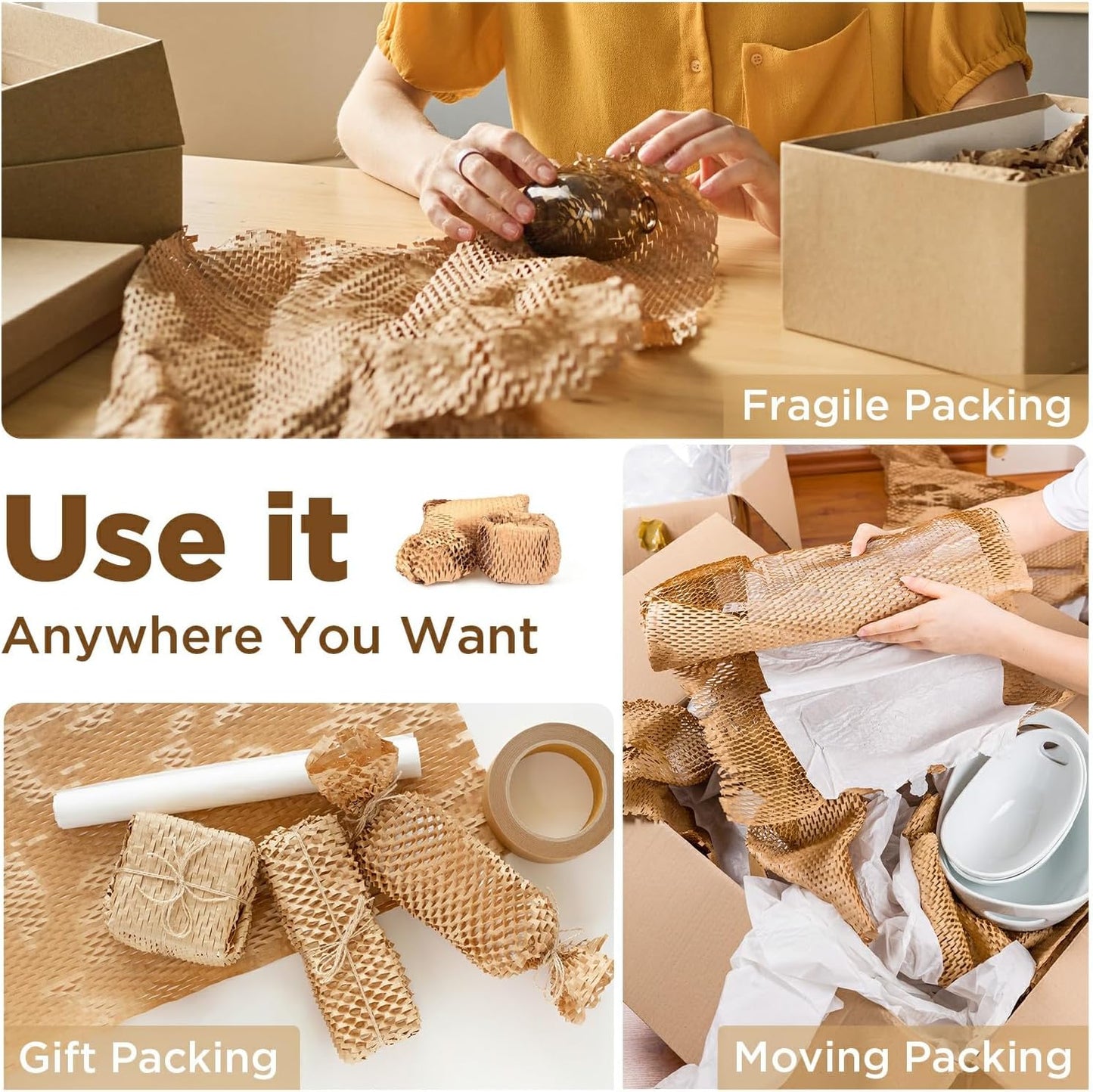 Honeycomb Packing Paper, 12"x200' Brown | Perforated Honeycomb Packing Paper Recyclable Moving Supplies for Shipping & Moving | Plastic-Free Alternative to Bubble Cushion Wrap with 36 Fragile Stickers