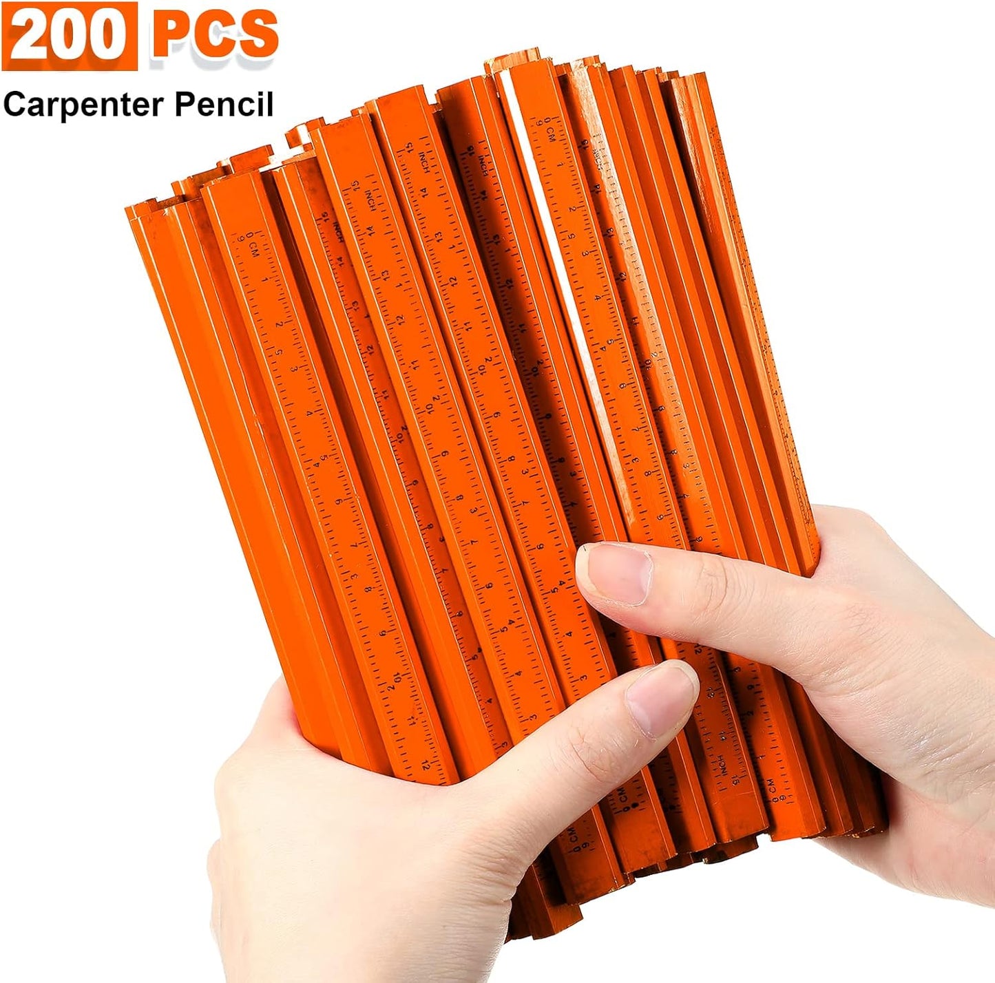 Honoson 200 Pcs Flat Construction Pencils with Printed Ruler Wood Graphite 2 Pcs Carpenter Pencil Sharpener for Woodworking Marking Tool(Orange)