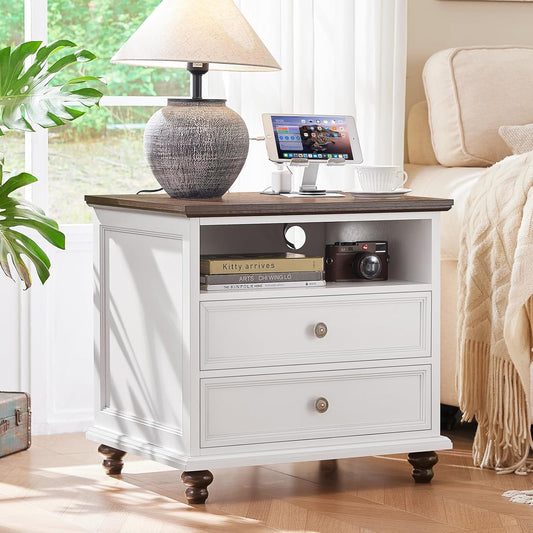 24" Wide Farmhouse Nightstand with Charging Station, End Table with 2 Drawers, White Wood Dresser for Bedroom Cabinet, Bed Side Table Chest of Drawers, Night Stand for Living Room, Closet