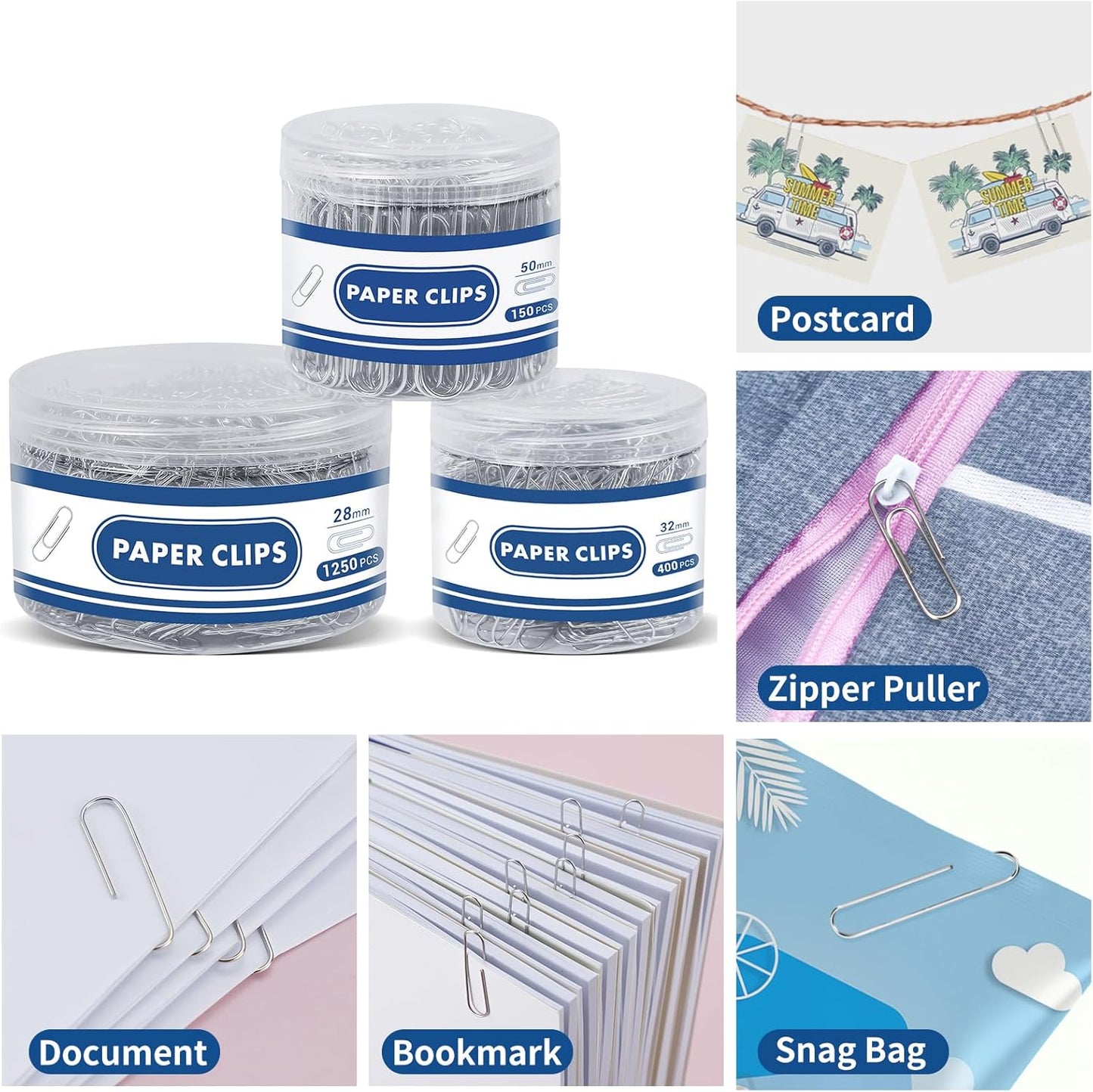 1800 Paper Clips Assorted Sizes Large, Medium and Small, Durable and Rustproof, Paperclips for Office School and Personal Use, Office Supplies Document Organizing (50mm, 33mm, 28mm) (Silver)