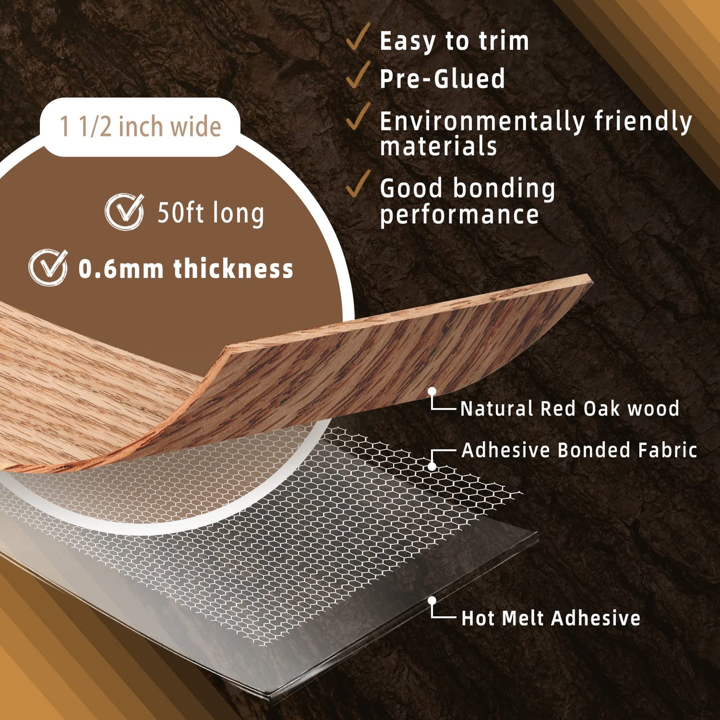 GSCIT Club Red Oak Edge Banding, 1 1/2 inch x 50ft roll of Veneer Edge Banding Preglued Flexible, Real Wood Tape Banding