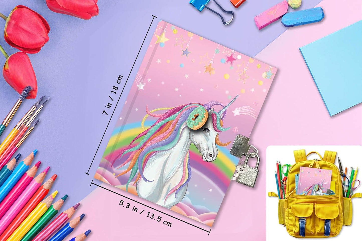 GINMLYDA Girls Diary with Lock for Kids, 7x5.25 Inches 160 Lined Pages Secret Unicorn Notebook for Girls Journal with Lock for Kids Pre School Writing Drawing Cute Girls Gifts for Birthday