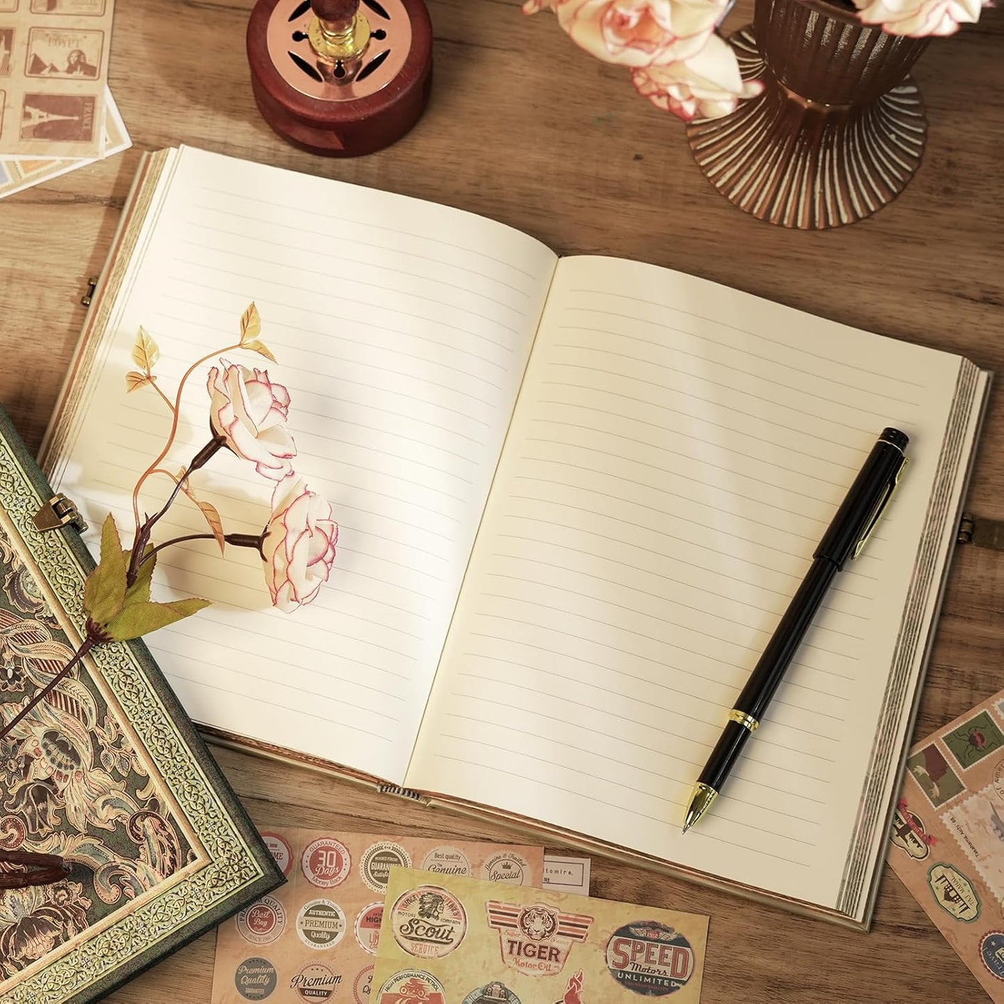 3D Hot Stamp Nocturne Blue Hardcover Journal - 192 Blank Lined Pages w/Envelope Pocket - Deep Blue & Gold Totem Design for Students, Travel Diary & Anniversary