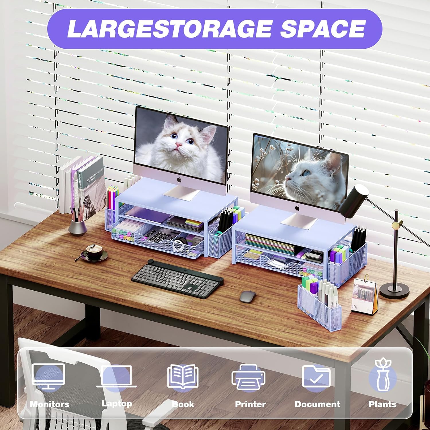 Desk Organizers and Accessories, 2-Tier Computer Monitor Stand Riser with Drawer and 2 Pen Holders, Laptop Stand, Office Desk Accessories for Office Supplies, Blue