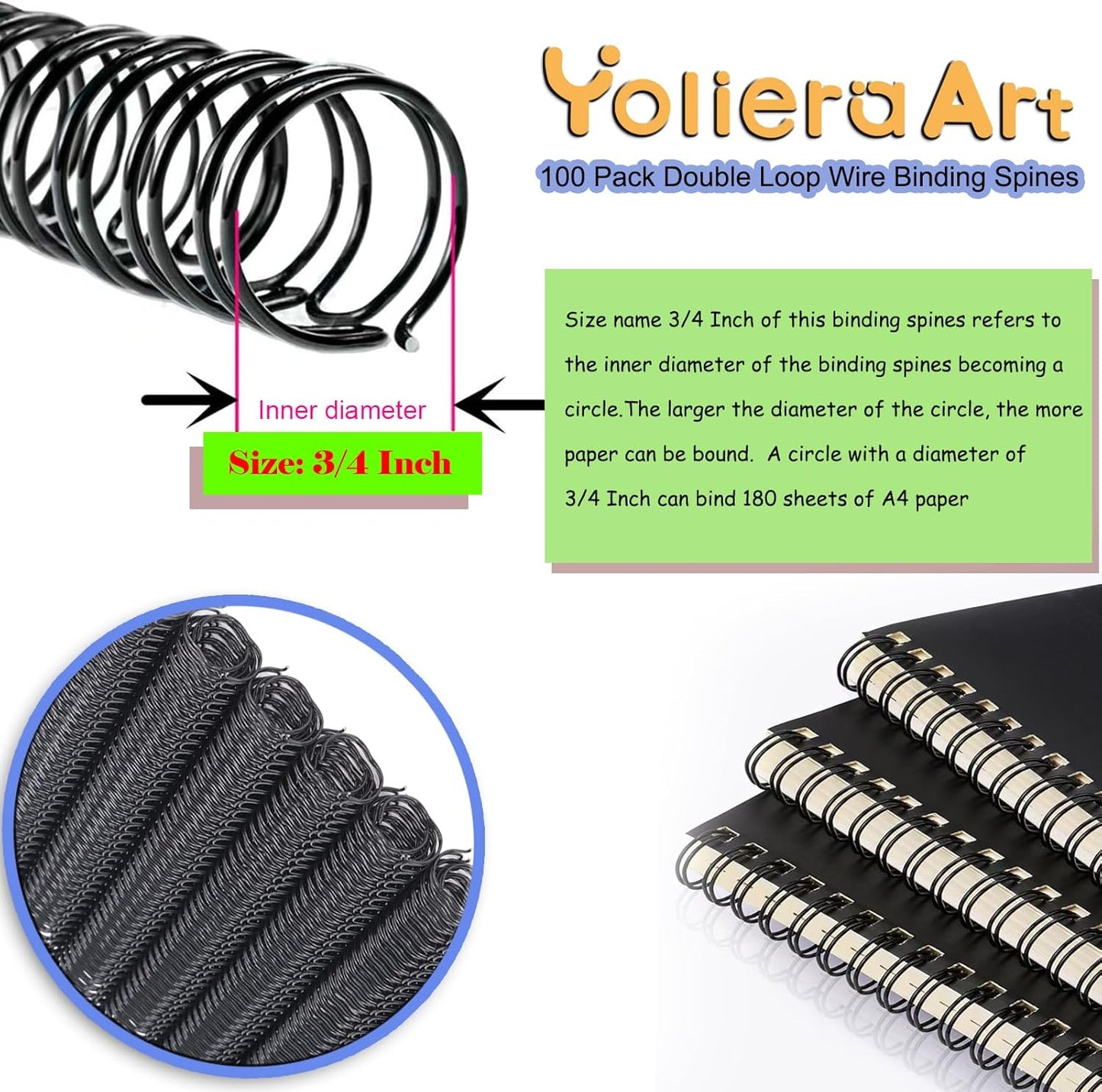 100 Pack Metal Twin Loop Binding Wire Coils, 34-Loop, 3/4" Cinch Book Binding Wire, 3:1 Pitch, YolieraArt Double Loop Bindings180 Sheet Capacity Fit for School Office Notebook Maker Blue