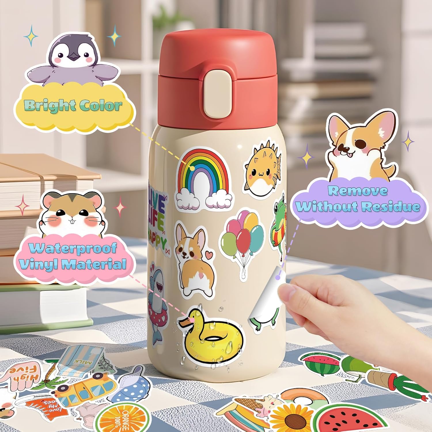 300 PCS Water Bottle Stickers for Kids,Cute Waterproof Vinyl Laptop Stickers Pack for School Supplies Classroom Teacher Prizes, Fun Gift Sticker Pack for Girls Teens Students