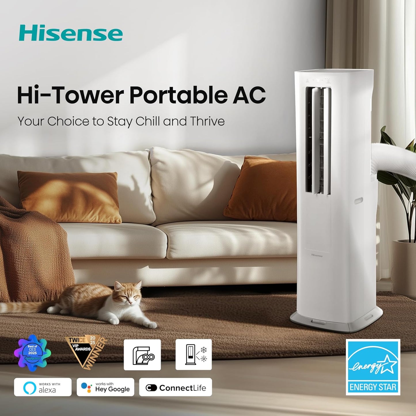 Hisense API0825UW1D Smart Inverter Twin Hose 8,000 BTU (DOE) 350 SF Heat/Cool Tower Portable Air Conditioner, White