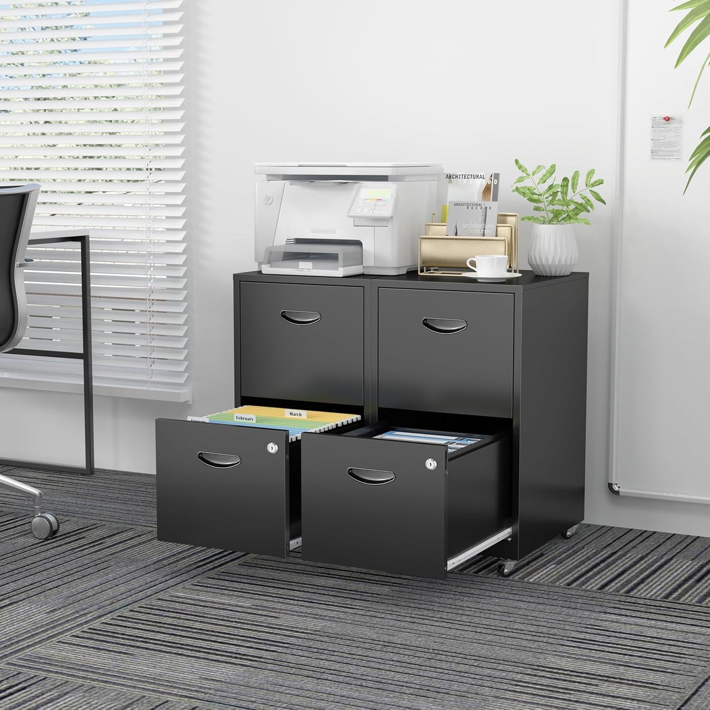 2 Drawer File Cabinet with Lock，Black Rolling File Cabinet for Home Office, Metal Small Mobile Filing Cabinets on Wheels for Hanging Letter