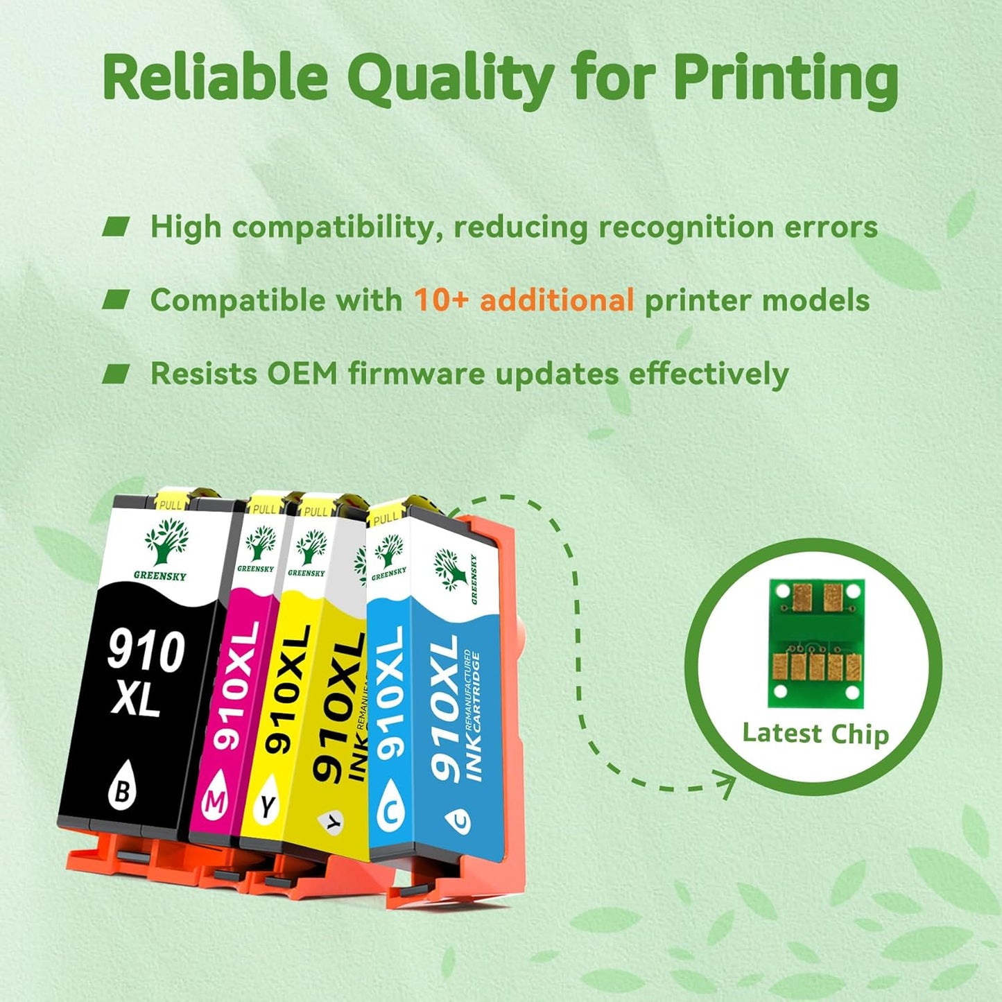 GREENSKY Remanufactured 910XL Ink Cartridges Replacement for HP 910xl Ink Cartridges Combo Pack with HP OfficeJet Pro 8025e 8015e 8028e 8035e 8025 8035 8020 Printer (Black, Cyan, Magenta, Yellow)