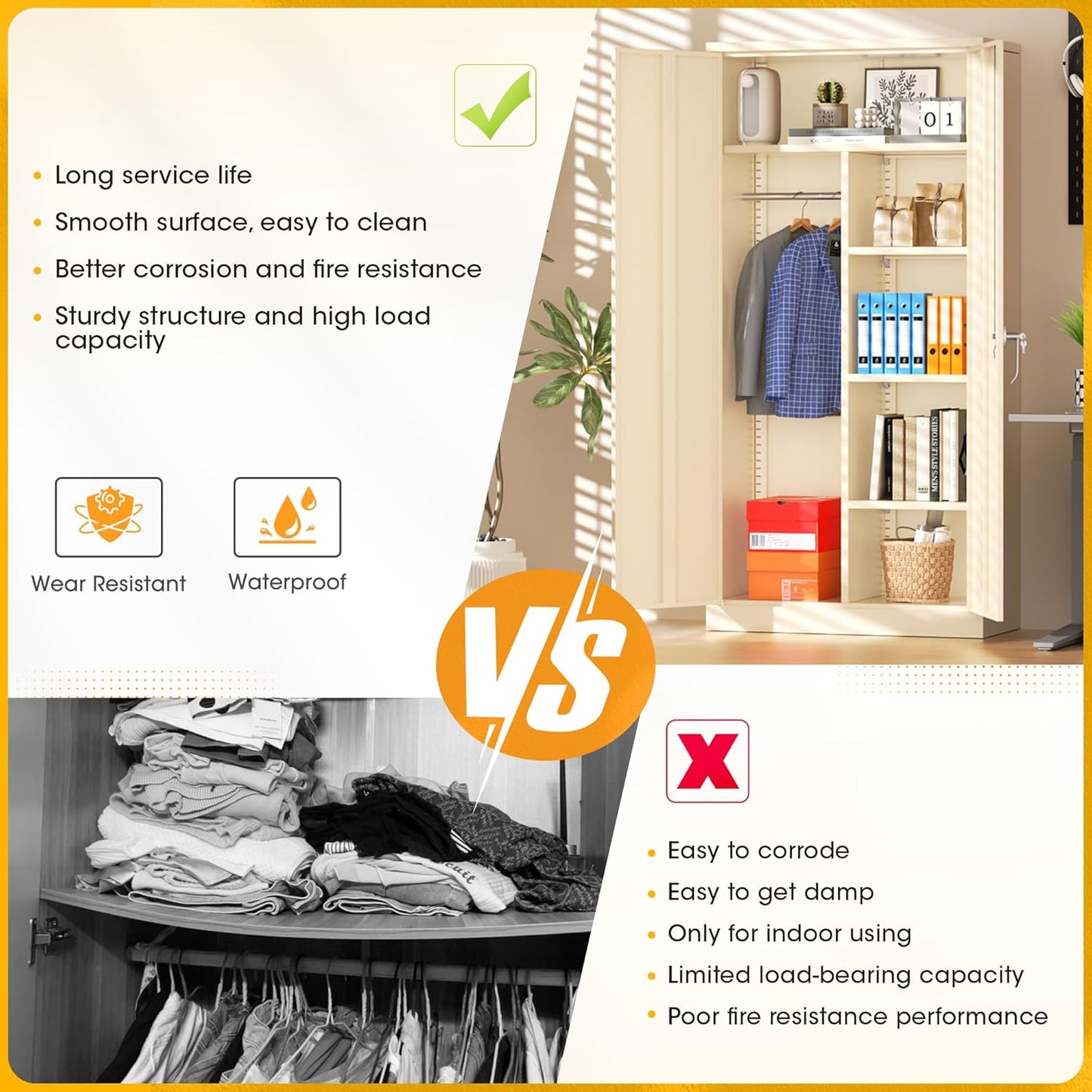 Greenvelly Metal Storage Wardrobe Cabinet with Lock, 72" Grey Metal Wardrobe Closet for Hanging Clothes with Doors and Shelves, Modern Clothes Closet for Home, Office and Bedroom, School,Gym