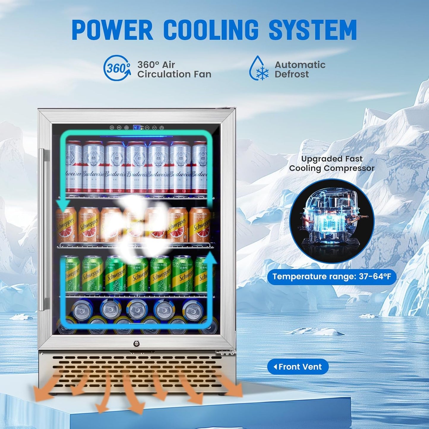 24 Inch Beverage Refrigerator Under Counter, 190 Cans Beverage Fridge Built-in/Freestanding with Double Tempered Glass, 37-64°F Low Noise Drink Fridge Perfect for Kitchen/Bar/Office(4.9 cu.ft)