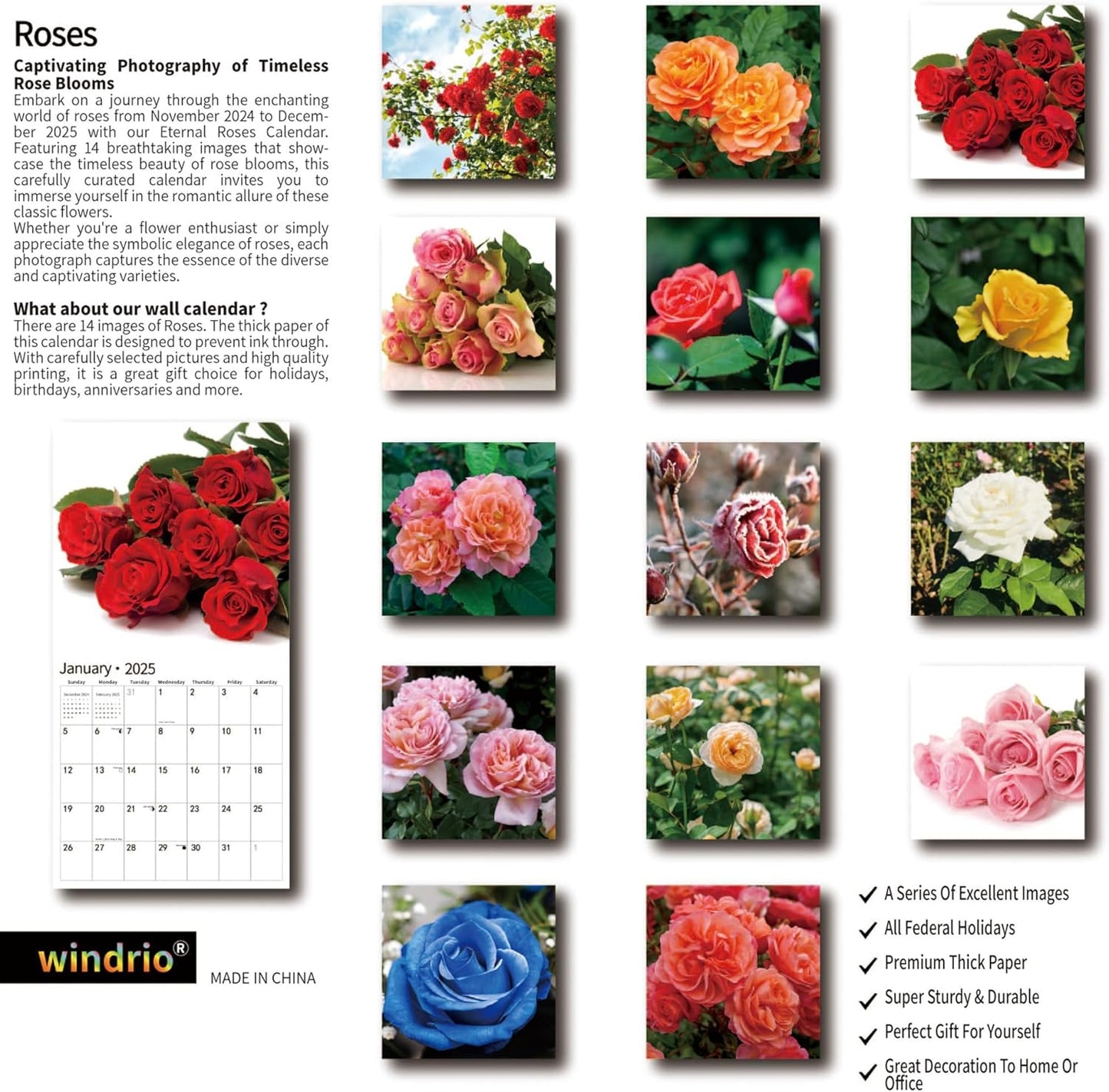 2025 Wall Calendar,Calendar 2025, January 2025 - December 2025, Wall Calendar Roses, 12" x 24" Opened,Full Page Months Thick & Sturdy Paper for Calendar Organizing & Planning