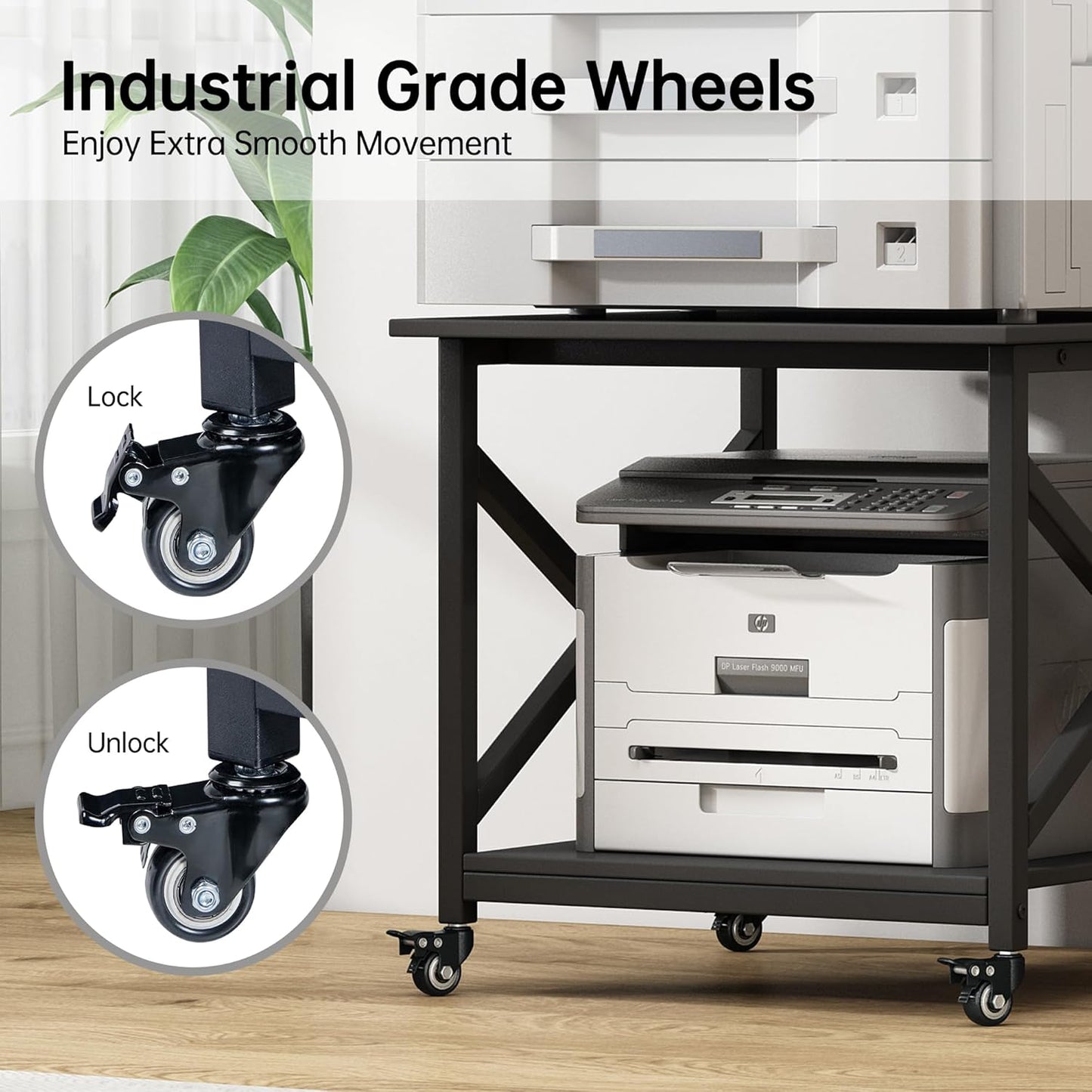 2 Tier Large Printer Stand, 23.6 x 23.6 x 22.6 Inches Square Printer Table with Storage Shelf, Rolling Printer Cart with Industrial Wheels for Home Office, Mini Fridge Stand Table - Black