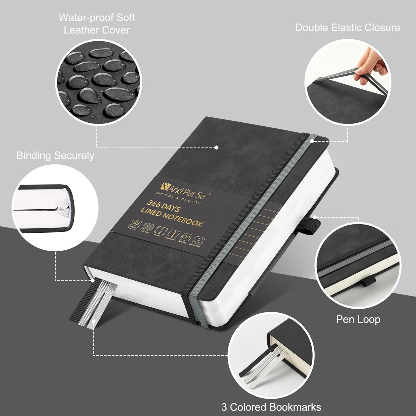 &And Per Se Lined Journal Notebook, 365 Pages, A5, 5.7'' x 8'' 100GSM Thick Paper, Journals for Writing, Hardcover Notebooks for Women Men (Black)