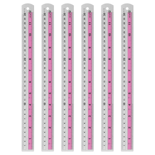 HARFINGTON 6pcs Metal Straight Ruler 30cm Metric SAE Aluminum Alloy Measuring Rulers Scale Tools with Hole for Measure Study Reading Classroom Office, Pink
