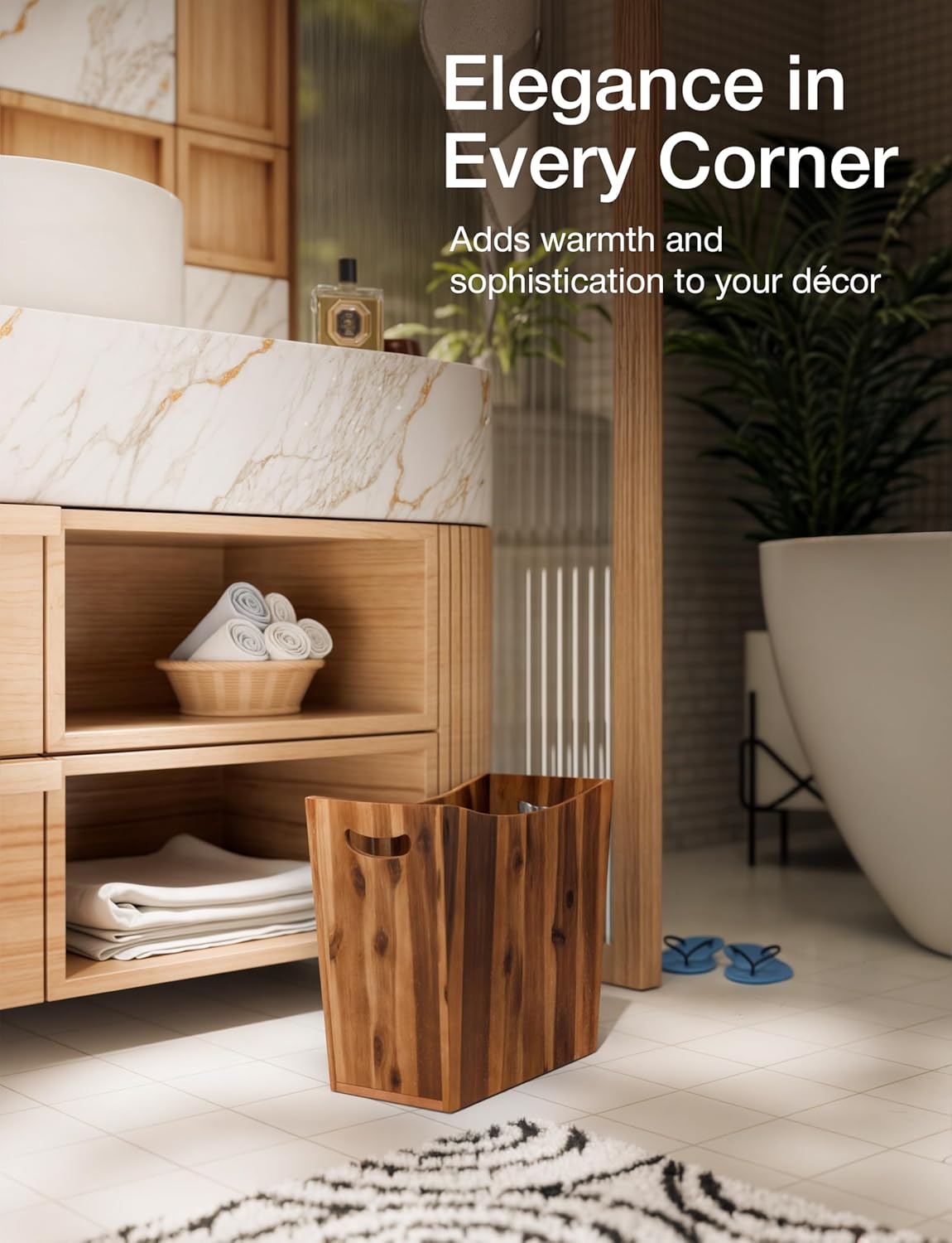 3 Gallons Rectangular Wastebaskets - Acacia Wood Waste Basket with Handles - Small Trash Can for Bathroom - Brown Garbage Bin for Spa Bathroom Decorative, Kitchen Counter, Living Room (Walnut)