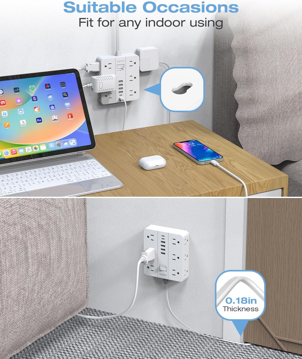 20FT Surge Protector Power Strip,12 AC Outlets with 6 USB Ports (2 USB-C), Flat Plug Extension Cord with Multiple Outlets, Wall Mount for Home Office,Dorm, White