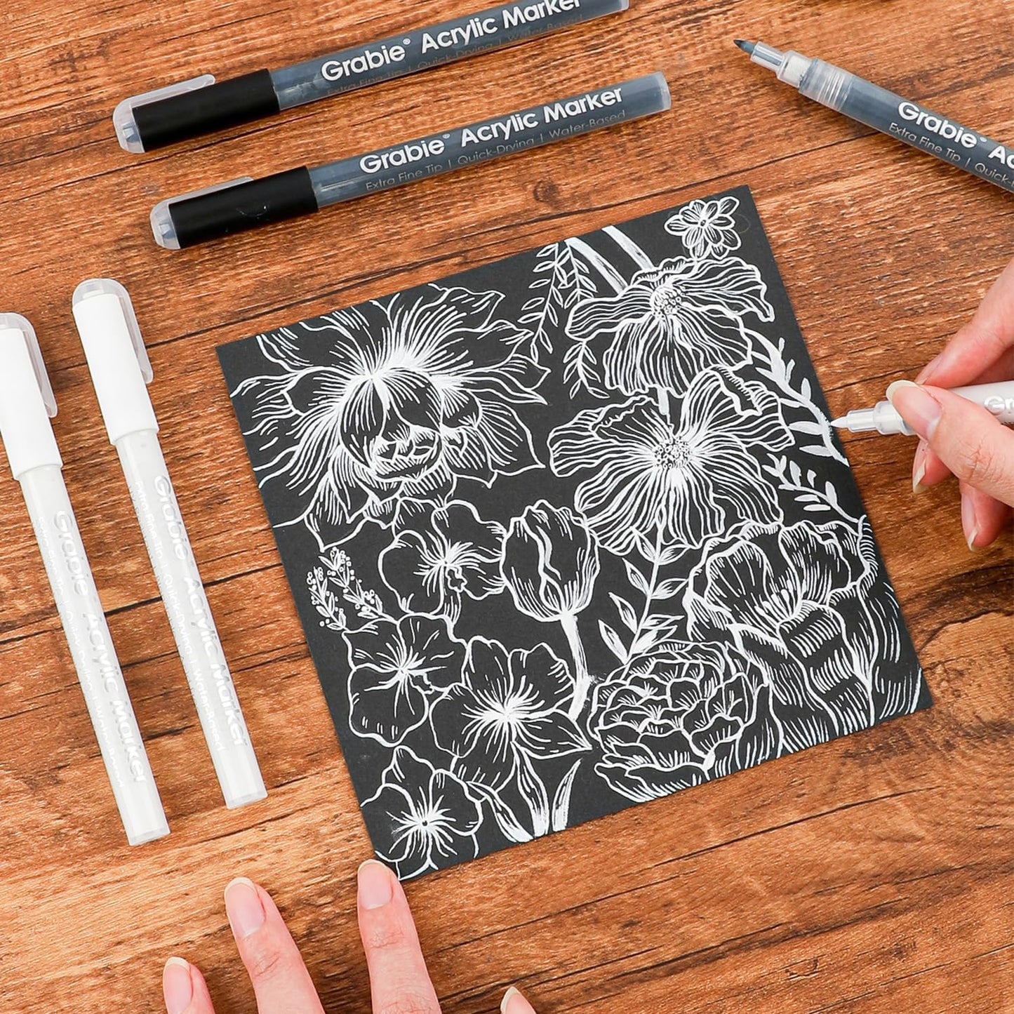 Grabie Black & White Extra Fine Tip Acrylic Paint Marker Set, 6 Pack, 0.7mm Acrylic Paint Pens for Highlights and Fine Details on Drawings, Rock Painting Glass Canvas Wood, White Highlight Markers