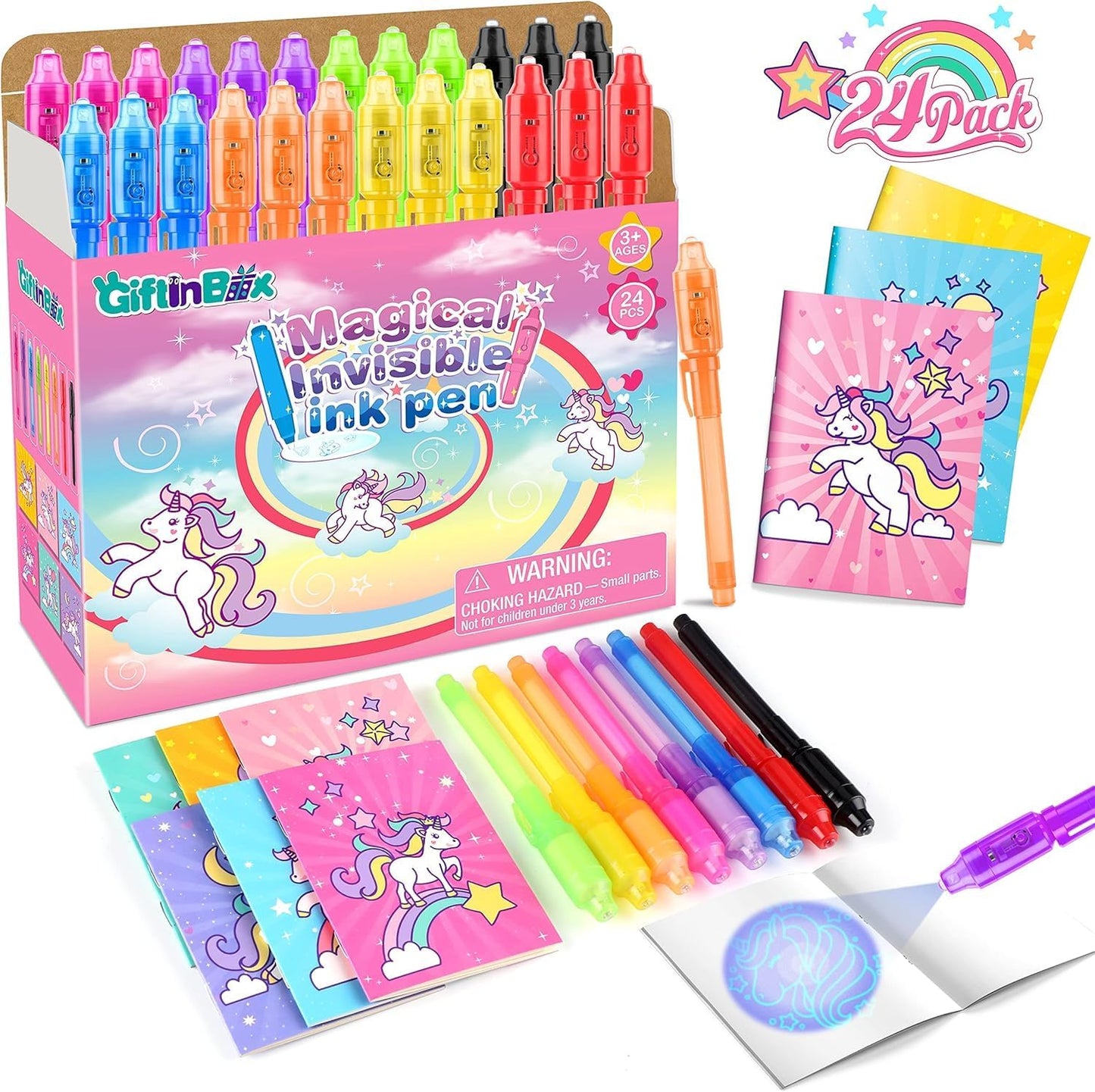 GIFTINBOX Unicorn Party Favors for Kids 4-8, 24Pack Invisible Ink Pen and Notebook, Invisible Ink Spy Pen with UV light for Kids, Classroom Prize Goodie Bag Stuffers Unicorn Toys for Kids Girls