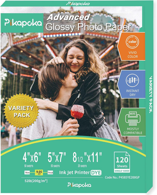 Glossy Photo Paper 4x6, 5x7, 8.5x11, 120 Variety Pack Bulk, Assorted Sizes, Inkjet printer, 52lb/200gsm