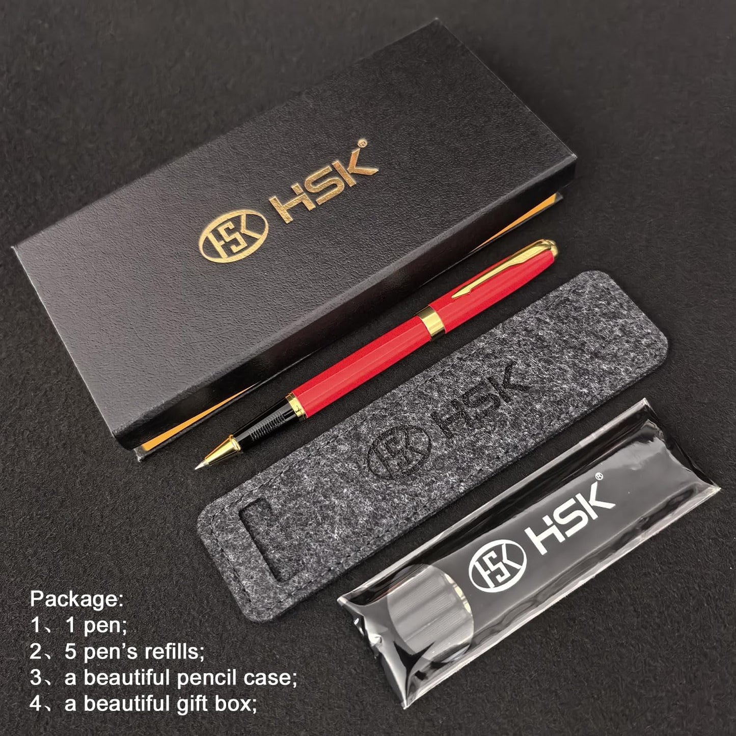 HSK Ballpoint Pens Executive Fountain Pen with Gold Trim, Gift Box Set, Available in Black, Red, Navy Blue,Black Refill Line width 0.5mm (Red)