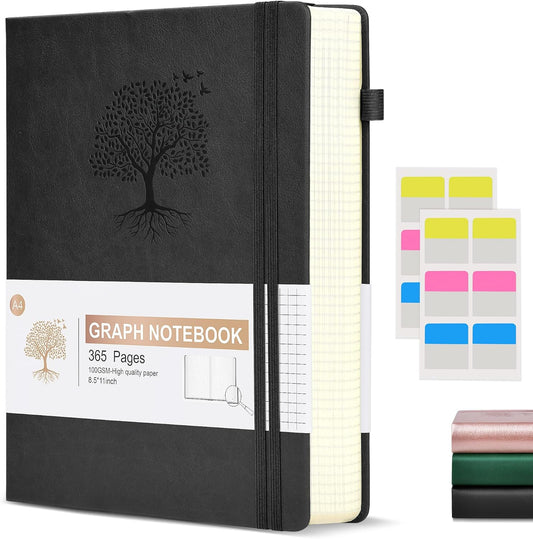 Graph Paper Notebook Journal, 360 Numbered Pages Grid Notebooks, Thick 100gsm Graphing Paper Journals for Writing Women Men, A5 Large Hardcover Leather Graph Notebook 5.75'' × 8.38'' Black