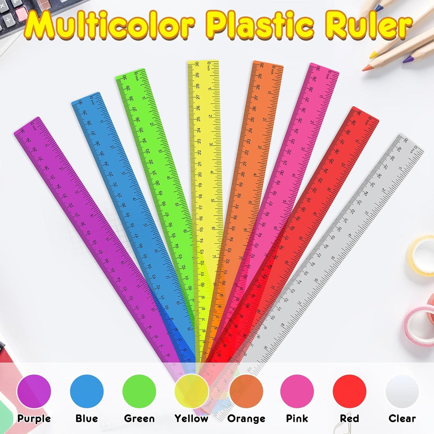32 Pcs Clear Plastic Ruler 12 Inch, Rulers Bulk for Classroom, Transparent Assorted Color Bulk Rulers with Millimeter and Inches, Kids Ruler for School, Ideal Back to School Office Home Supplies