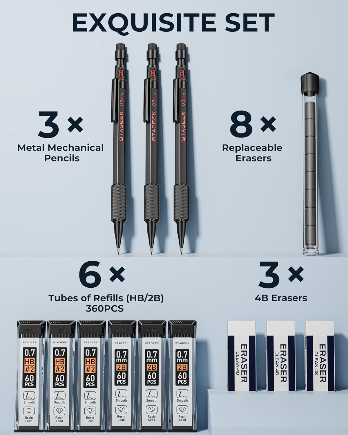 0.7mm Mechanical Pencil Set, 3PCS Metal Mechanical Pencils 0.7mm with 6 Tubes HB & 2B Lead Refills,Erasers, Weatherproof Artist Pencils with Case for Outdoor Writing Drafting Drawing